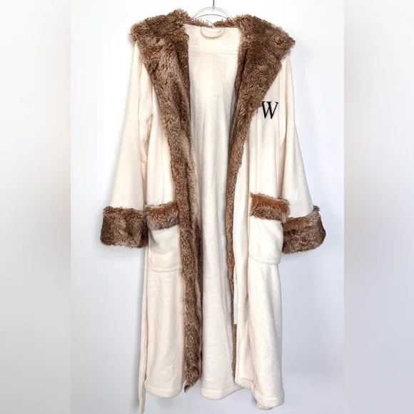 Pottery Barn Ombré Cream & Brown Faux Fur Trim Women’s Plush Bath Robe M - Picture 13 of 13